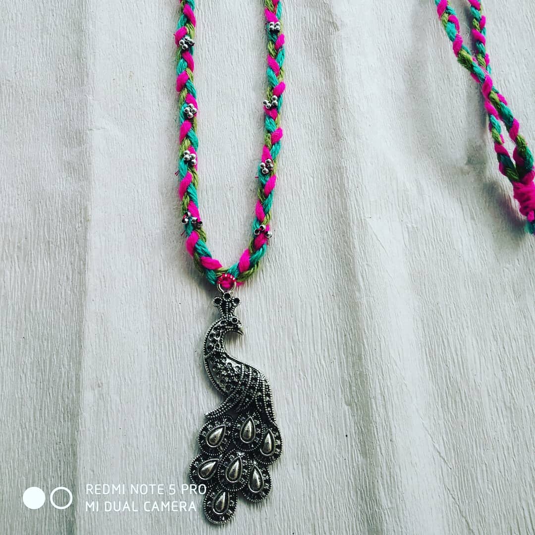 Jute Fabric Metal Peacock and Silver Moti Jewelry