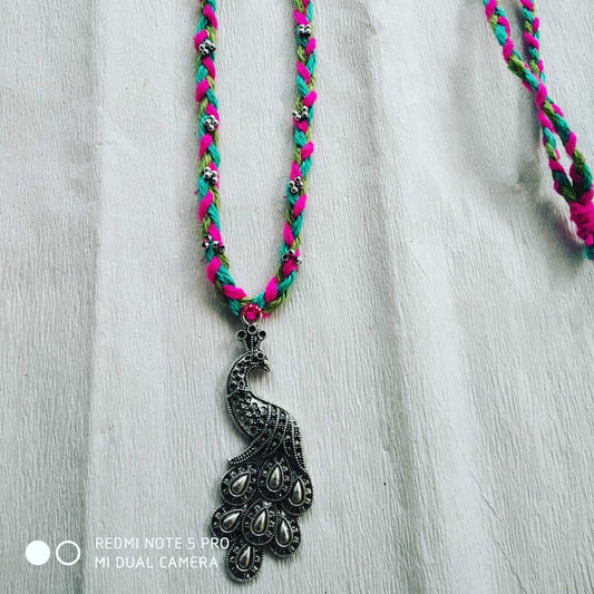 Jute Fabric Metal Peacock and Silver Moti Jewelry