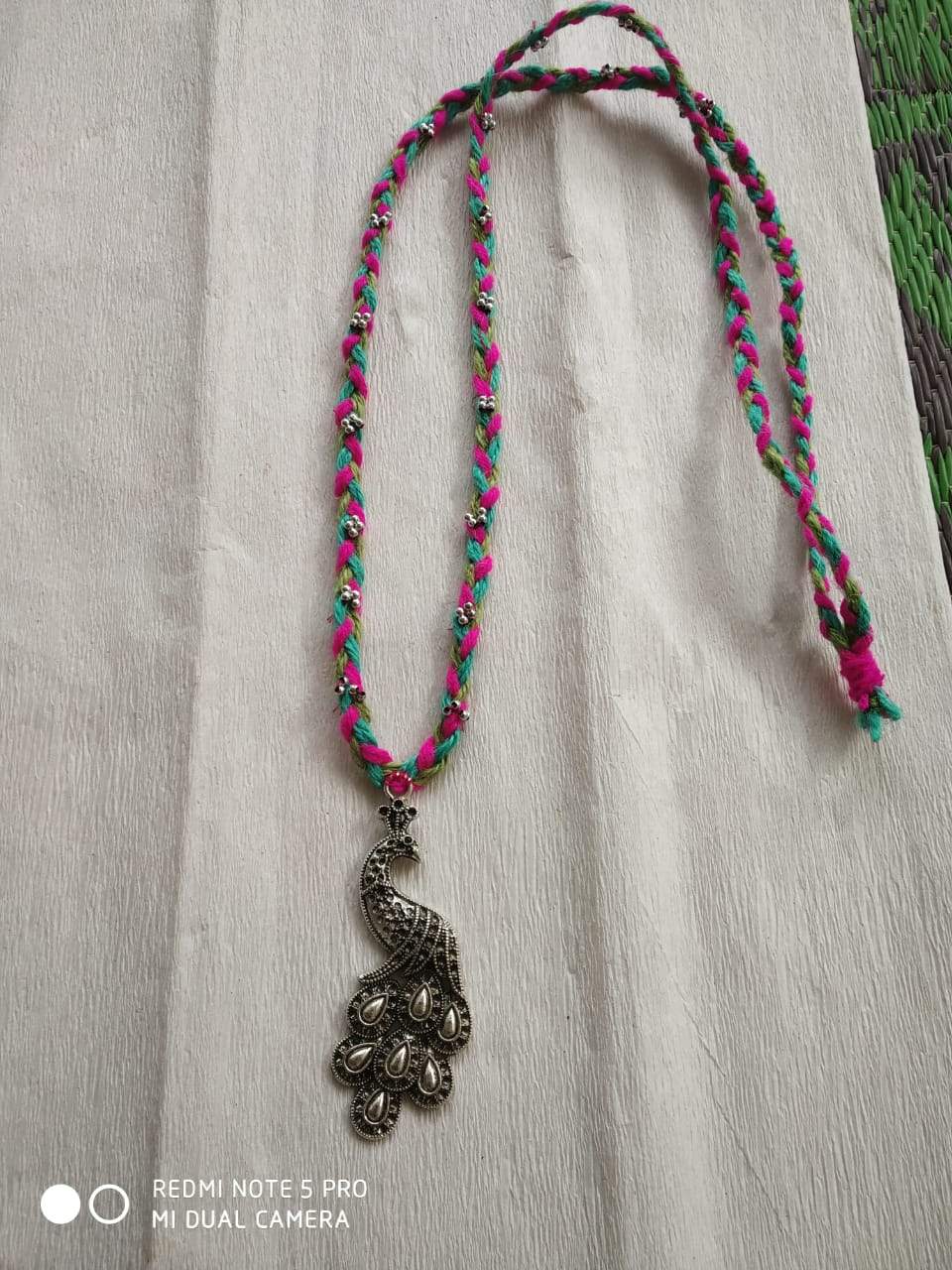 Jute Fabric Metal Peacock and Silver Moti Jewelry