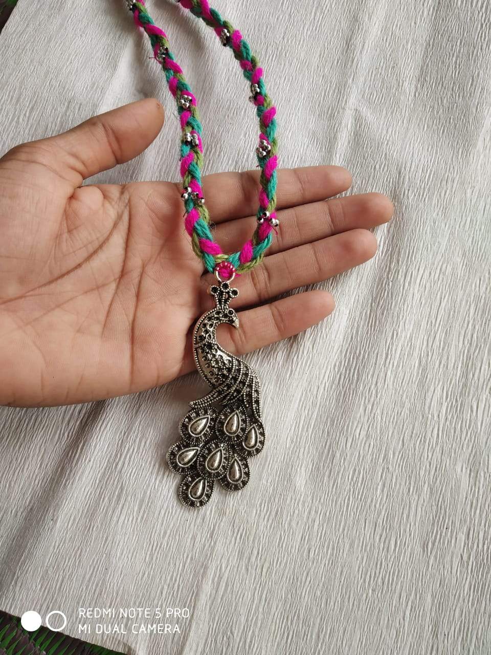 Jute Fabric Metal Peacock and Silver Moti Jewelry