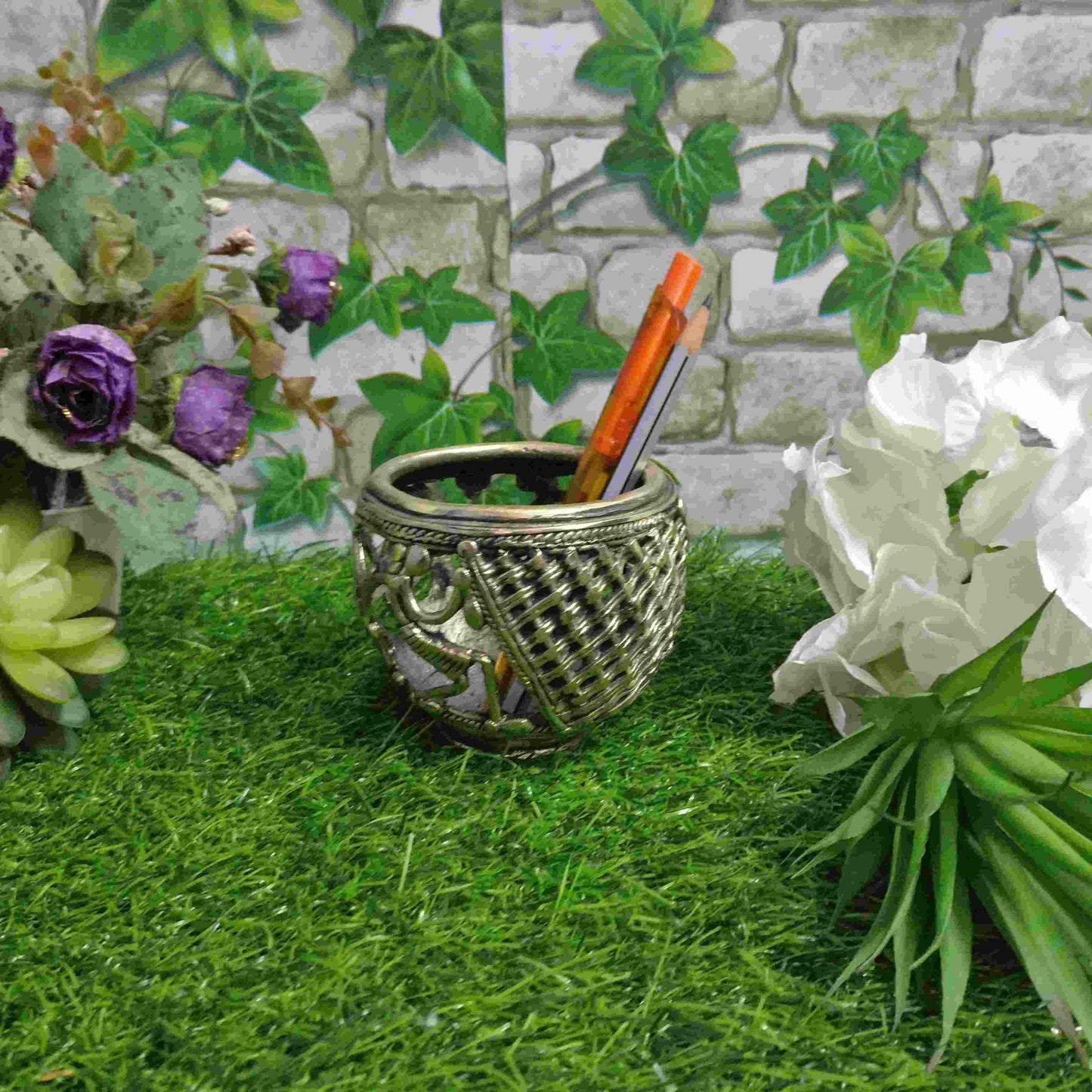 Pratibha Art Pen Stand 4.5" Pen Stand - Dhokra Art Jali Design