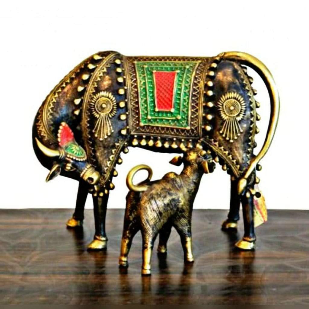 Pratibha Art Bastar Art Nandi: 9" * 5" Brass Kamdhenu Cow and Calf