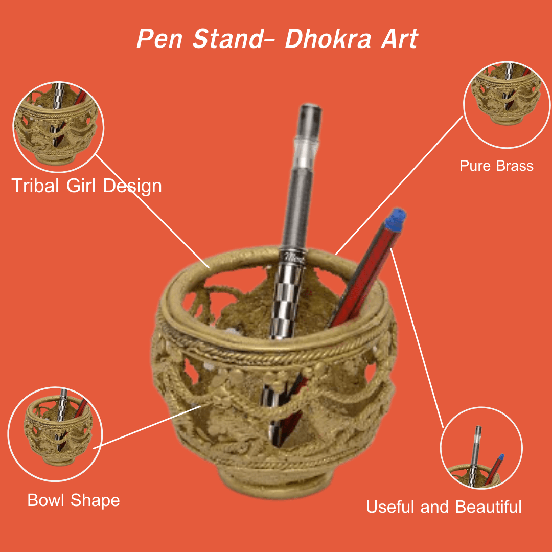 Pratibha Art Pen Stand 4.5" Pen Stand - Dhokra Art Tribal